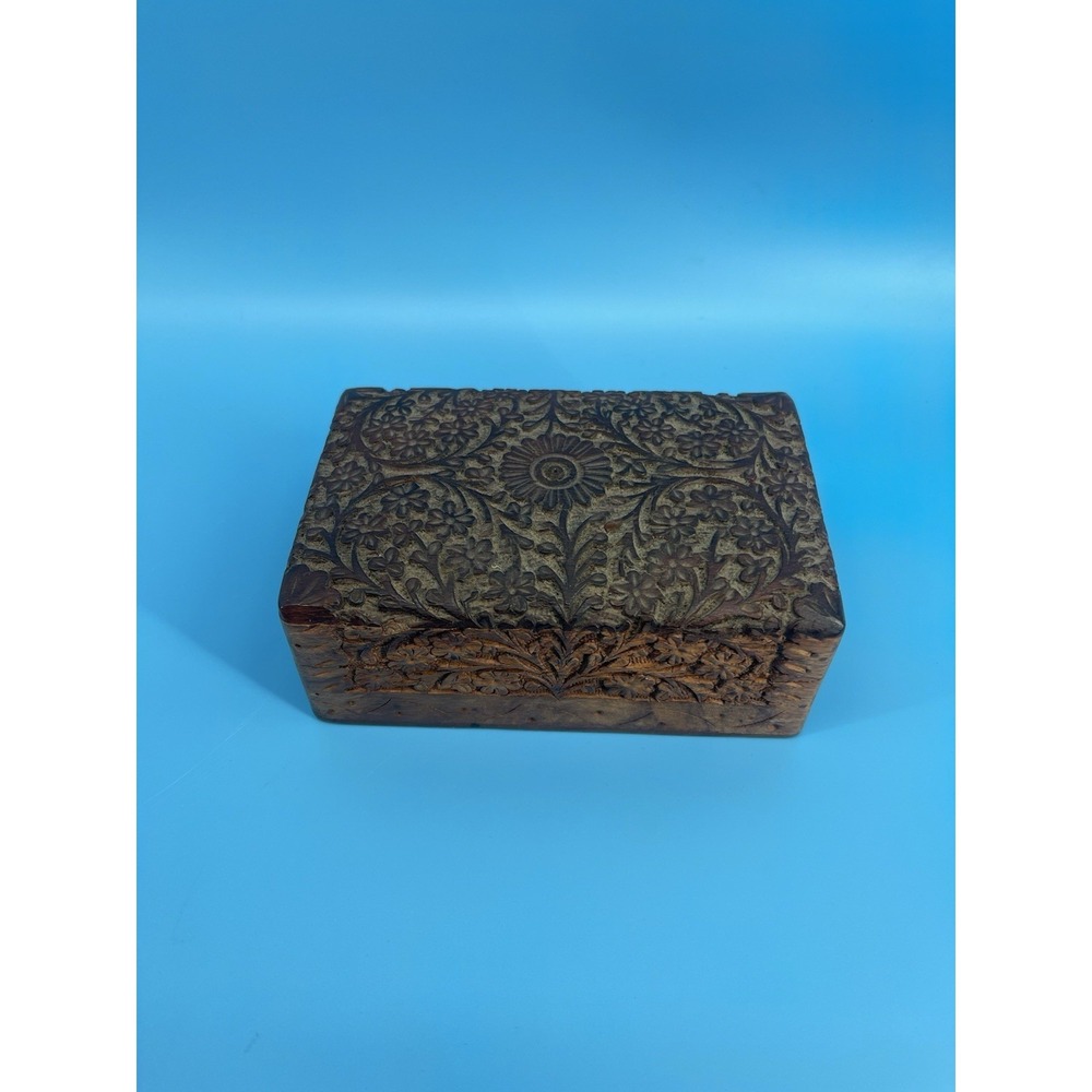 Vintage Hand Carved Wooden Jewelry Trinket‎ Box Floral Velvet Lined 6x2.5